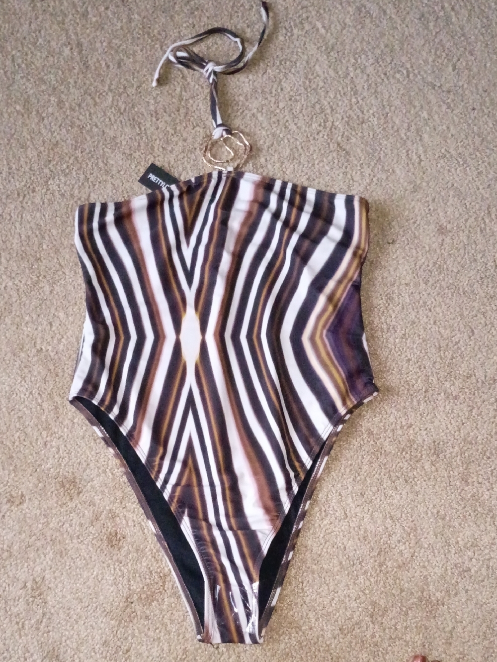 PrettyLittleThing Brown, Black & White Striped Halter One-Piece Swimsuit